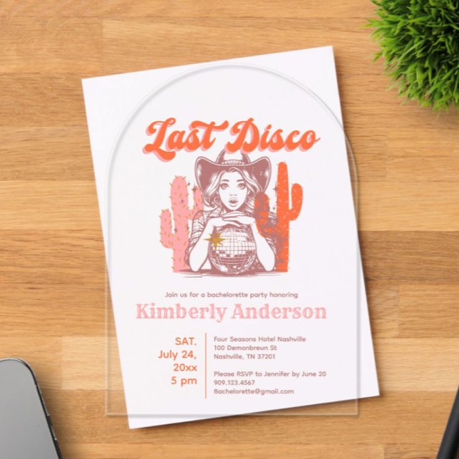 Retro Pink Orange Cowgirl Last Disco Nash Bash  Acrylic Invitations (Creator Uploaded)