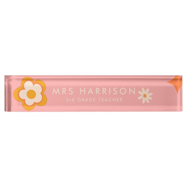 Retro pink orange Daisy teacher desk name plate (Front)