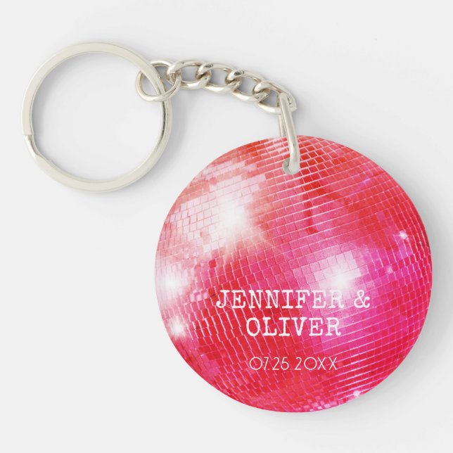 Retro Pink Orange Disco Ball Photo Wedding Favour Key Ring (Front)