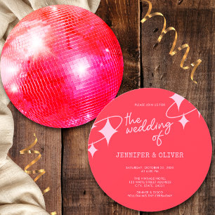 Retro Pink Orange Disco Ball Wedding Invitation