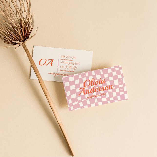 Retro Pink Orange Drawn Chequered Groovy Girly Business Card (Creator Uploaded)