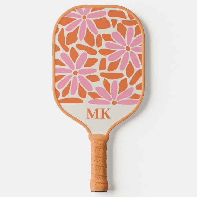 Retro Pink & Orange Flower Monogram Pickleball Paddle (Front)