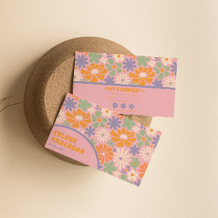 Retro Pink Orange Groovy Floral Boho Girly Trendy Business Card