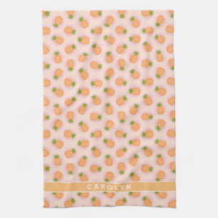 Retro pink orange pineapple patterns monogram tea towel