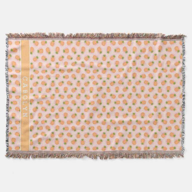 Retro pink orange pineapple patterns monogram throw blanket (Front)