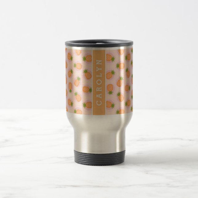 Retro pink orange pineapple patterns monogram travel mug (Center)
