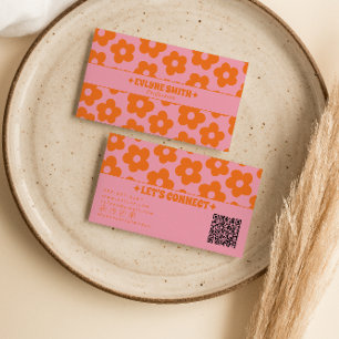 Retro Pink Orange QR Code Groovy Floral Boho Girly Business Card