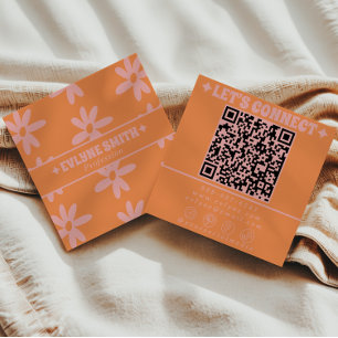 Retro Pink Orange QR Code Groovy Floral Girly  Square Business Card