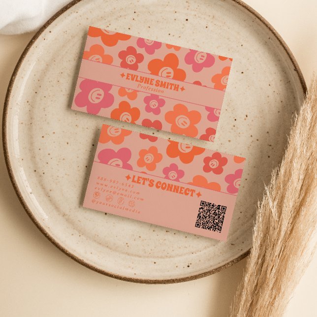Retro Pink Orange QR Code Groovy Smiling Flowers  Business Card (Creator Uploaded)