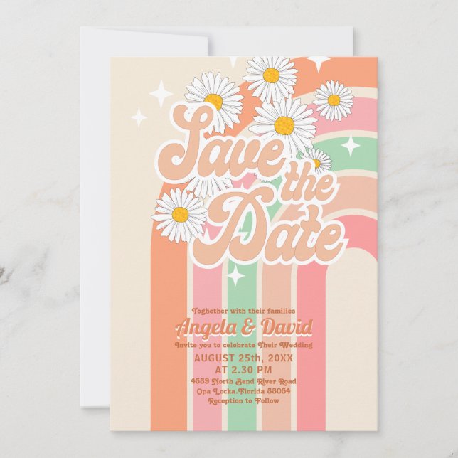 Retro Pink Orange rainbow  Wedding save the date Invitation (Front)