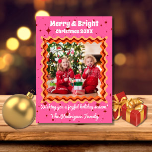Retro Pink Orange Red 70s Merry & Bright Christmas Holiday Card