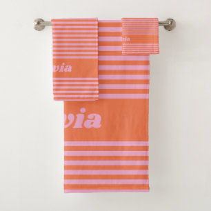 Retro Pink Orange Stripe Personalized Name Bath Towel Set