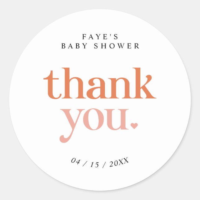 Retro Pink Orange | Thank You Baby Shower Favour Classic Round Sticker (Front)