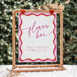Retro Pink Orange Wavy Border Bridal Flower Bar  Pedestal Sign