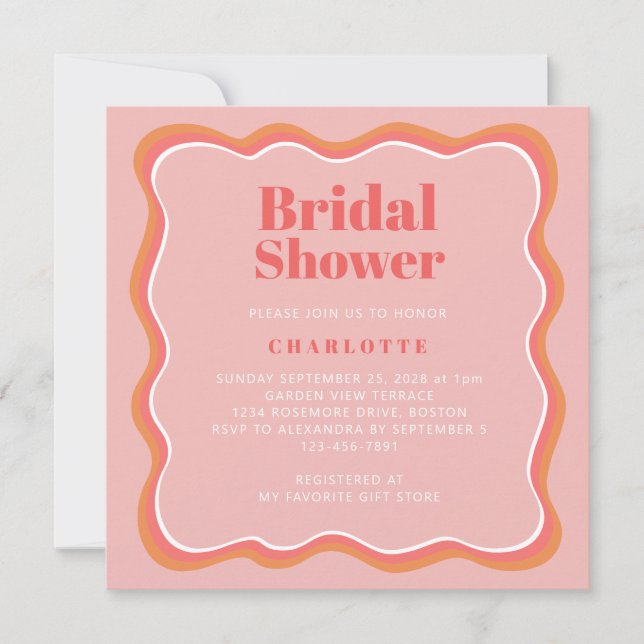 Retro Pink Orange Wavy Border Bridal Shower Invitation (Front)
