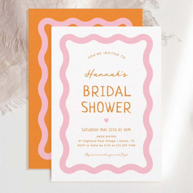 Retro Pink Orange Wavy Bridal Shower Invitation (Creator Uploaded)