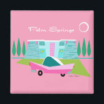 Retro Pink Palm Springs Magnet<br><div class="desc">Between the pink background, turquoise mid century modern home, and the classic 1950s car, this design couldn’t be more Palm Springs if it said it in the clouds. Oh, wait, it does say it in the clouds! The blue and teal stone of the house is offset by the sputnik light...</div>