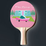 Retro Pink Palm Springs Ping Pong Paddle<br><div class="desc">Between the pink background, turquoise mid century modern home, and the classic 1950s car, this design couldn’t be more Palm Springs if it said it in the clouds. Oh, wait, it does say it in the clouds! The blue and teal stone of the house is offset by the sputnik light...</div>
