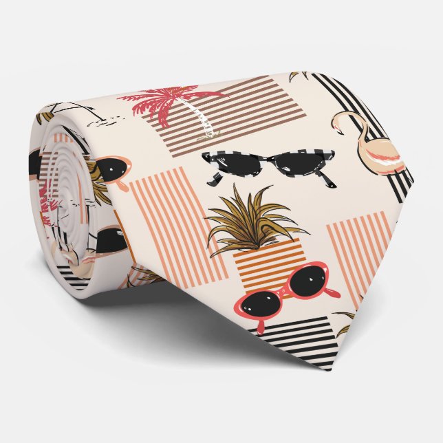 Retro Pink Palms Flamingos Sunglasses Tie (Rolled)