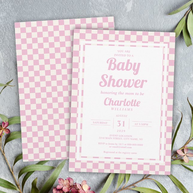 Retro Pink Pastel Check Pattern Girl Baby Shower Invitation (Retro Pink Pastel Check Pattern Girl Baby Shower Invitation
)