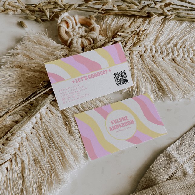 Retro Pink Pastel QR Code 70s Boho Groovy Girly  Business Card (Creator Uploaded)