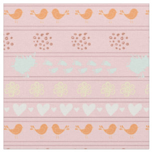 Retro pink pattern of birds, dots, flowers, fabric