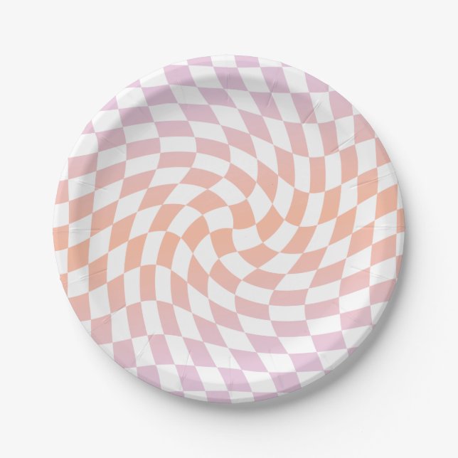 Retro Pink Peach Checks Warped Chequerboard   Paper Plate (Front)