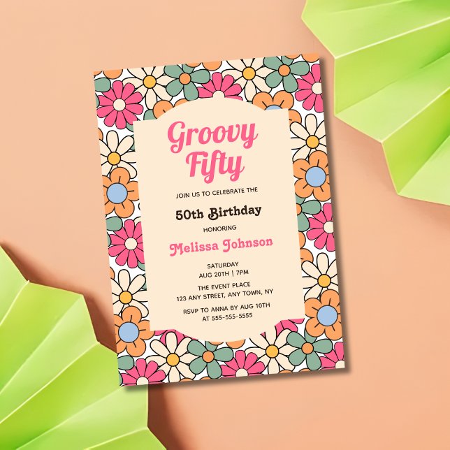 Retro Pink Peach Floral Groovy 50th Birthday Invitation (Creator Uploaded)