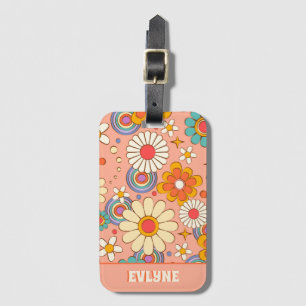 Retro Pink  Peach Orange Groovy Floral Trendy Luggage Tag