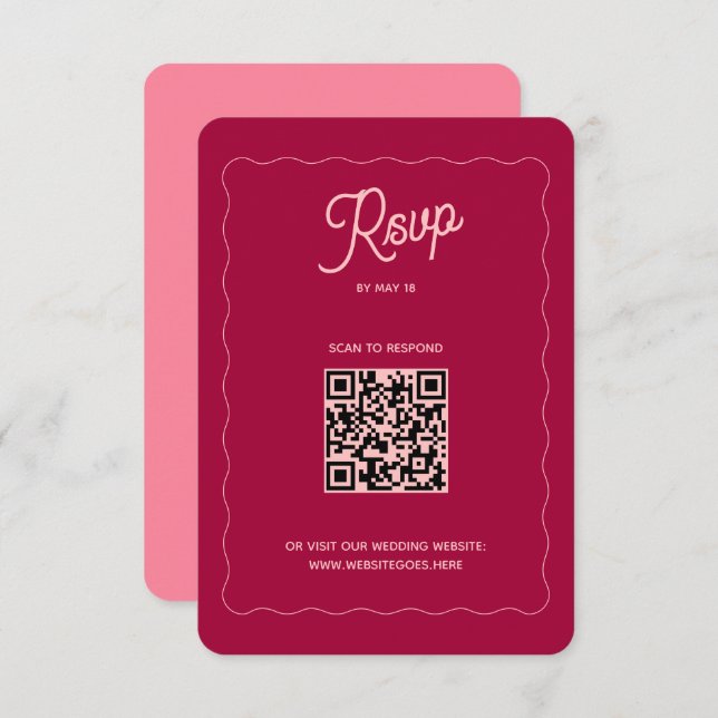 Retro Pink Peach Wave Frame QR Code Wedding Online RSVP Card (Front/Back)