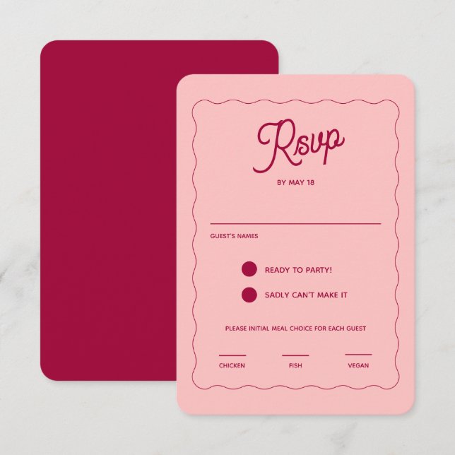 Retro Pink Peachy Fuchsia Wave Frame Wedding Meal RSVP Card (Front/Back)