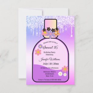 retro pink perfume sweet 16 dripping glitters invitation