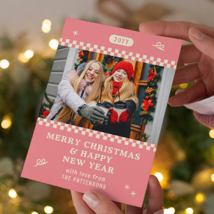 Retro Pink Personalised Christmas Photo Holiday Card