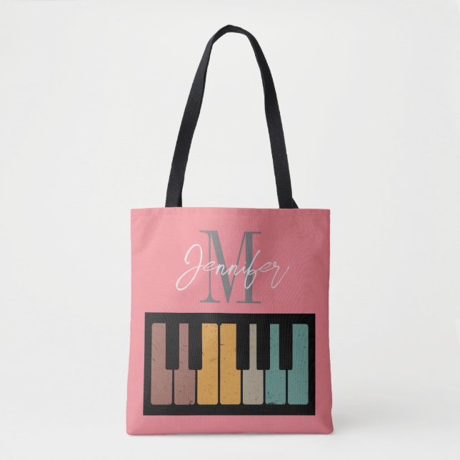 Retro Pink Piano Monogram Name Personalised Tote Bag (Front)