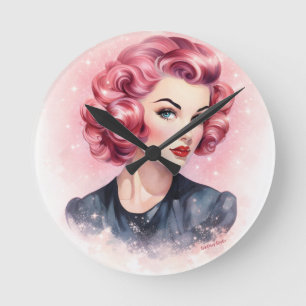 Retro Pink Pin-Up Glam Girl  Round Clock