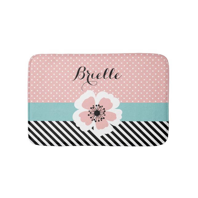 Retro Pink Polka Dots and Stripes Flower With Name Bath Mat (Front)