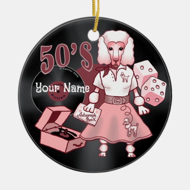 Retro Pink Poodle Ornament (Front)