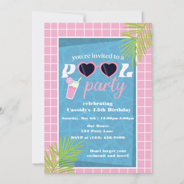 Retro Pink Pool Birthday Party Invitation (Front)