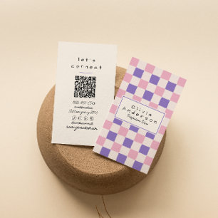 Retro Pink Purple Chequered Trendy Boho QR Code Business Card