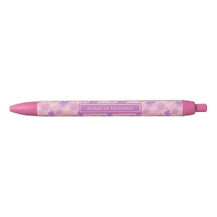 Retro Pink Purple Floral Custom Name Black Ink Pen