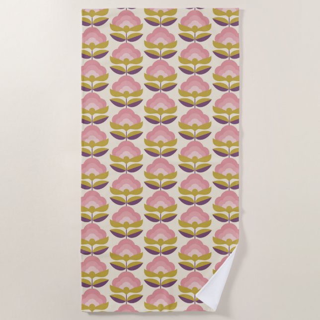 Retro Pink & Purple Floral Pattern Beach Towel (Front)