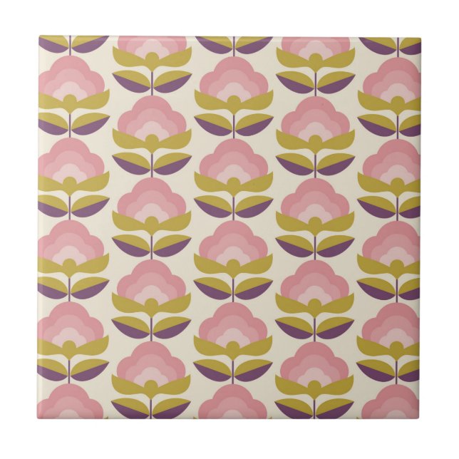Retro Pink & Purple Floral Pattern Ceramic Tile (Front)