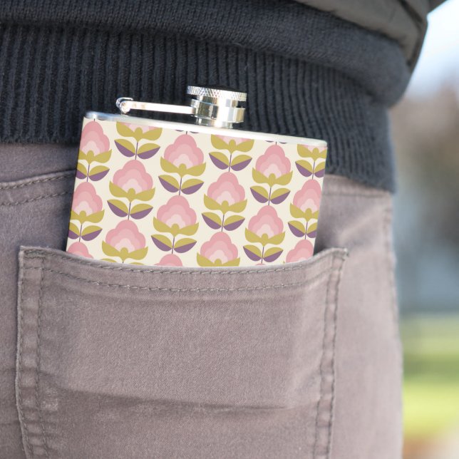 Retro Pink & Purple Floral Pattern Hip Flask (In Situ)