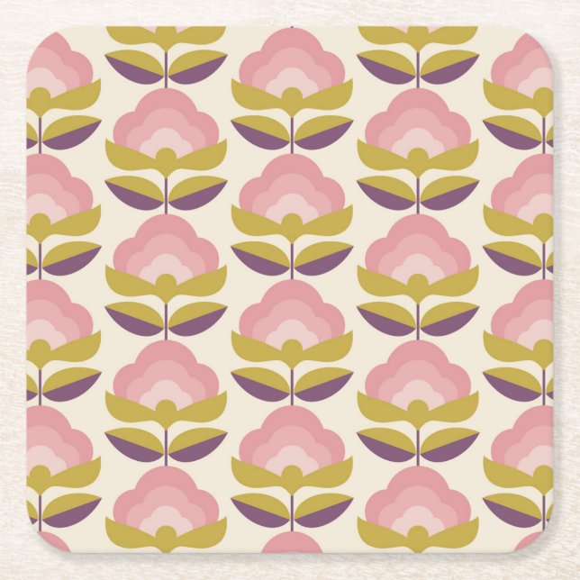 Retro Pink & Purple Floral Pattern Square Paper Coaster (Front)