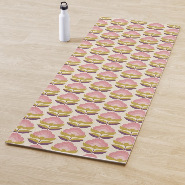 Retro Pink & Purple Floral Pattern Yoga Mat (In Situ)