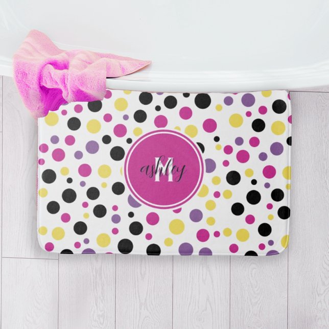Retro Pink Purple Monogram Polka Dots Bath Mat (Creator Uploaded)