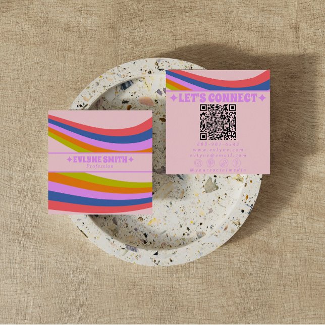 Retro Pink Purple Rainbow QR Code Groovy Girly Square Business Card (Creator Uploaded)