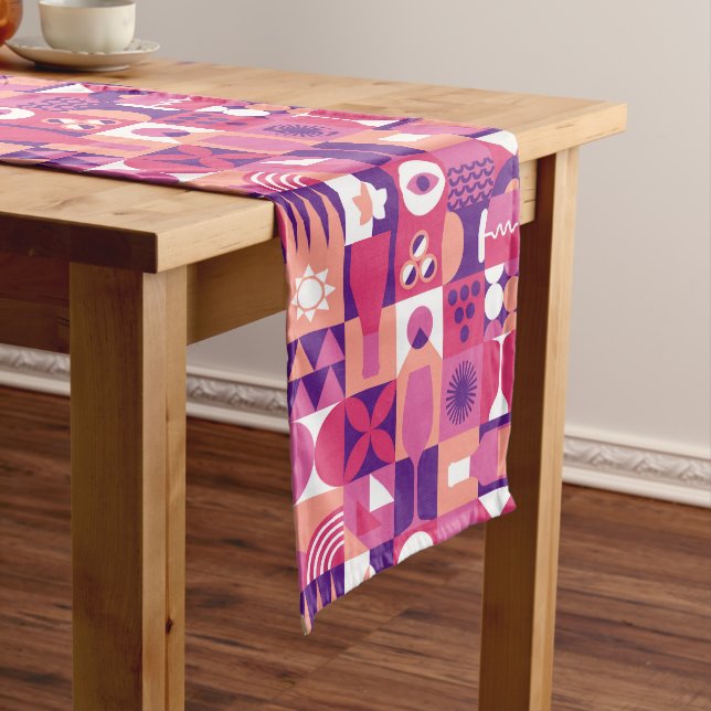 Retro Pink Purple Wine Bauhaus Pattern Long Table Runner (In Situ)