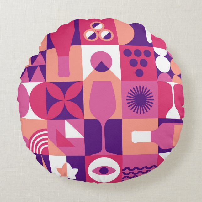 Retro Pink Purple Wine Bauhaus Pattern Round Cushion (Front)