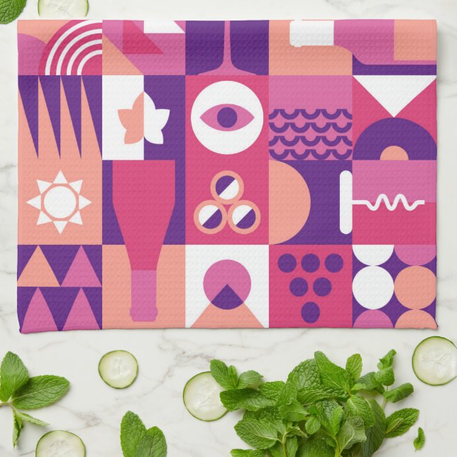 Retro Pink Purple Wine Bauhaus Pattern Tea Towel (Folded)